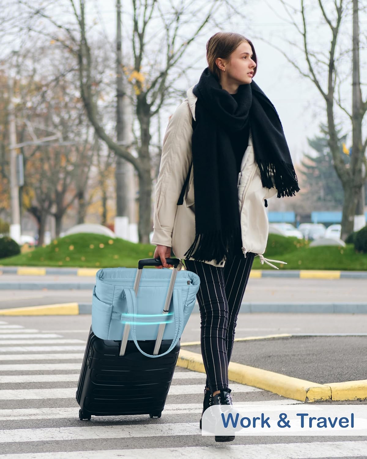 Puffy Tote Bag for Women with Cup Holder & Laptop Compartment & Cosmetic Bag & Trolley Sleeve for Work, Travel
