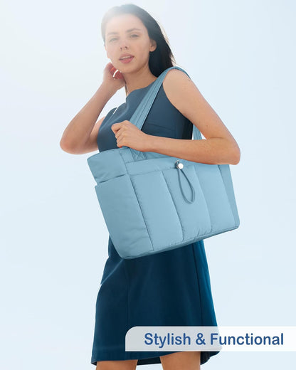 Puffy Tote Bag for Women with Cup Holder & Laptop Compartment & Cosmetic Bag & Trolley Sleeve for Work, Travel