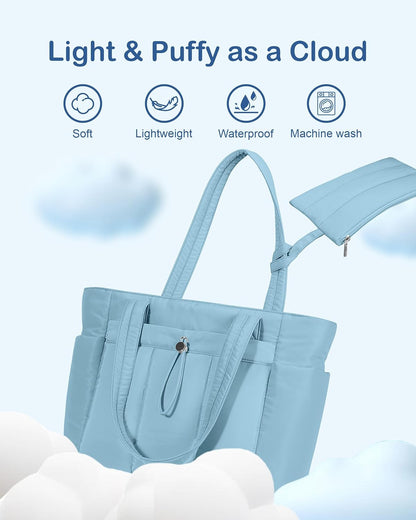 Puffy Tote Bag for Women with Cup Holder & Laptop Compartment & Cosmetic Bag & Trolley Sleeve for Work, Travel