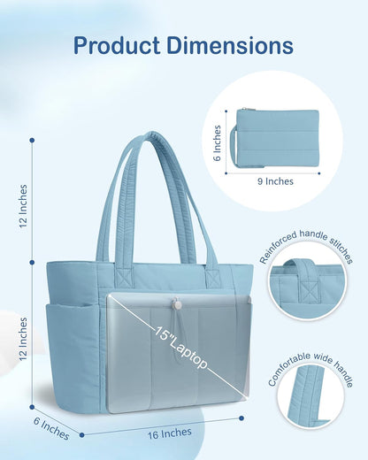 Puffy Tote Bag for Women with Cup Holder & Laptop Compartment & Cosmetic Bag & Trolley Sleeve for Work, Travel