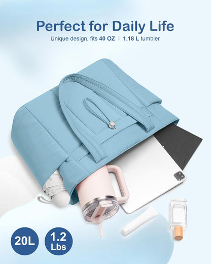 Puffy Tote Bag for Women with Cup Holder & Laptop Compartment & Cosmetic Bag & Trolley Sleeve for Work, Travel