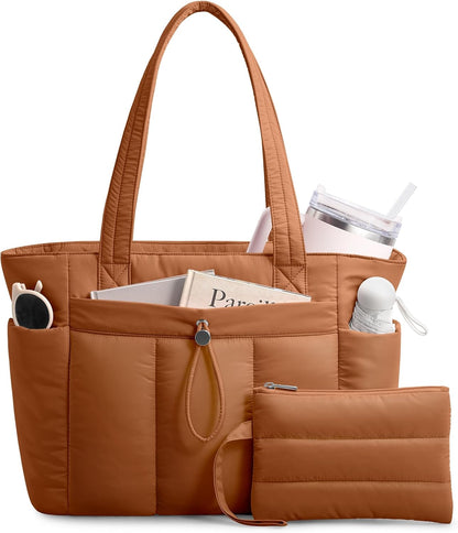 Puffy Tote Bag for Women with Cup Holder & Laptop Compartment & Cosmetic Bag & Trolley Sleeve for Work, Travel