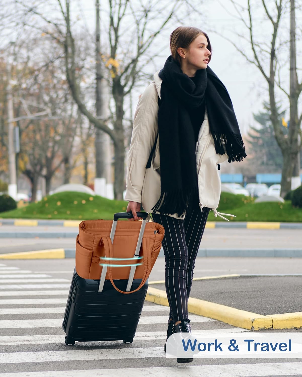 Puffy Tote Bag for Women with Cup Holder & Laptop Compartment & Cosmetic Bag & Trolley Sleeve for Work, Travel