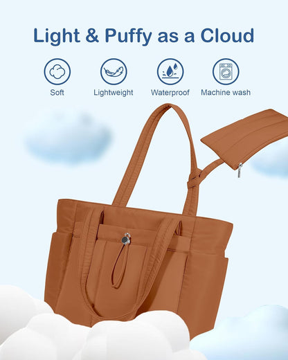 Puffy Tote Bag for Women with Cup Holder & Laptop Compartment & Cosmetic Bag & Trolley Sleeve for Work, Travel