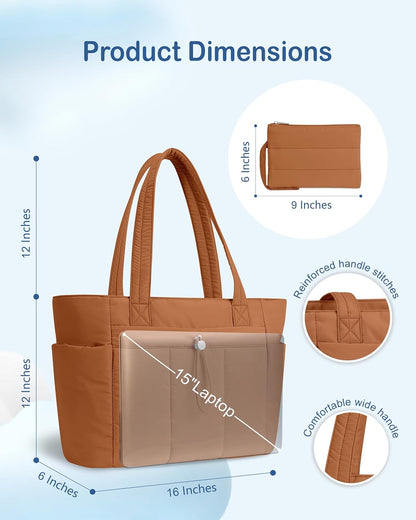 Puffy Tote Bag for Women with Cup Holder & Laptop Compartment & Cosmetic Bag & Trolley Sleeve for Work, Travel