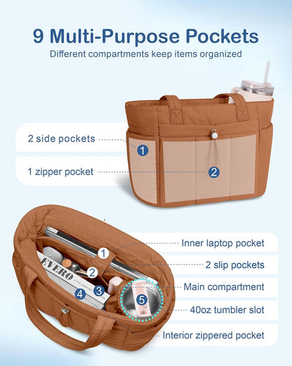 Puffy Tote Bag for Women with Cup Holder & Laptop Compartment & Cosmetic Bag & Trolley Sleeve for Work, Travel