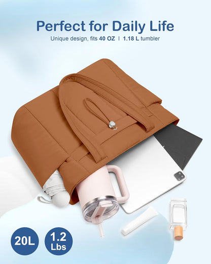 Puffy Tote Bag for Women with Cup Holder & Laptop Compartment & Cosmetic Bag & Trolley Sleeve for Work, Travel