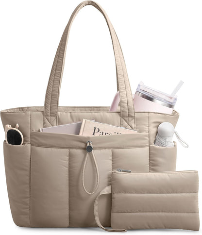 Puffy Tote Bag for Women with Cup Holder & Laptop Compartment & Cosmetic Bag & Trolley Sleeve for Work, Travel