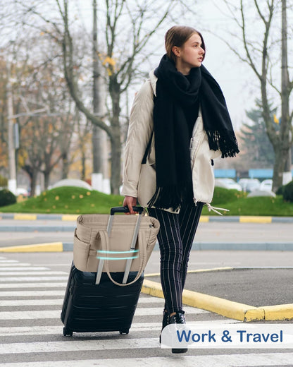 Puffy Tote Bag for Women with Cup Holder & Laptop Compartment & Cosmetic Bag & Trolley Sleeve for Work, Travel