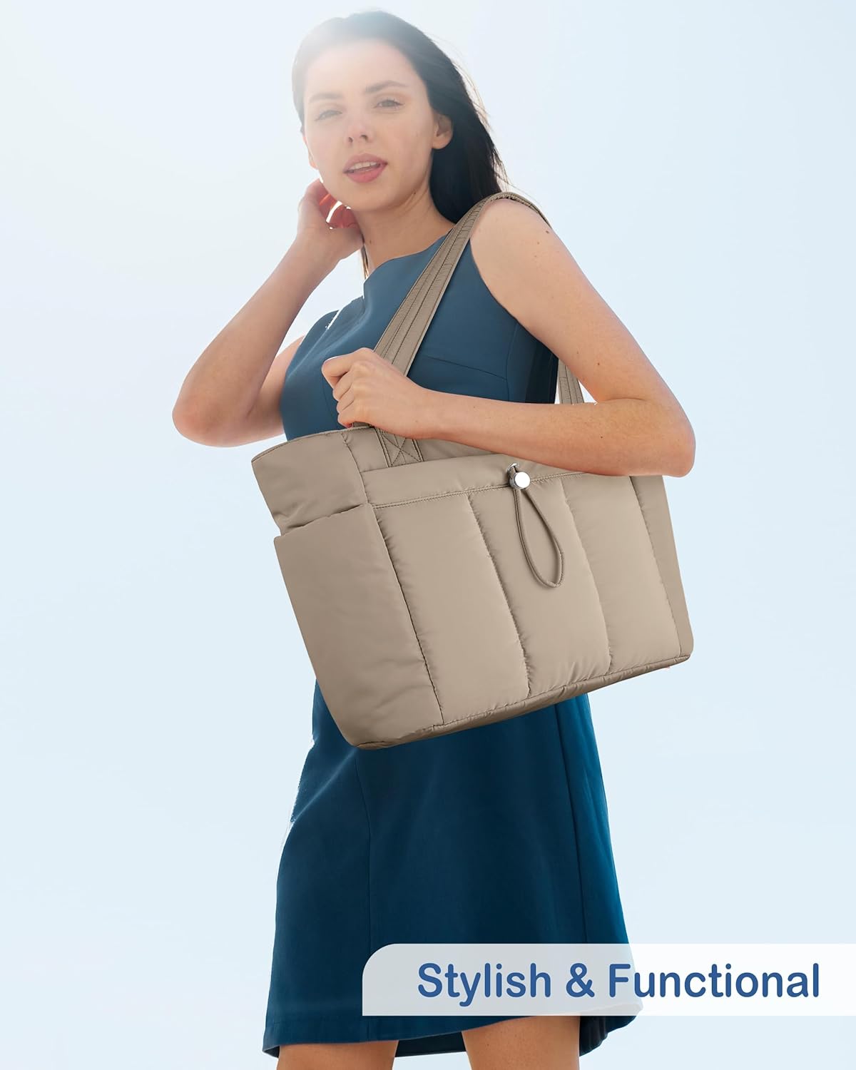 Puffy Tote Bag for Women with Cup Holder & Laptop Compartment & Cosmetic Bag & Trolley Sleeve for Work, Travel