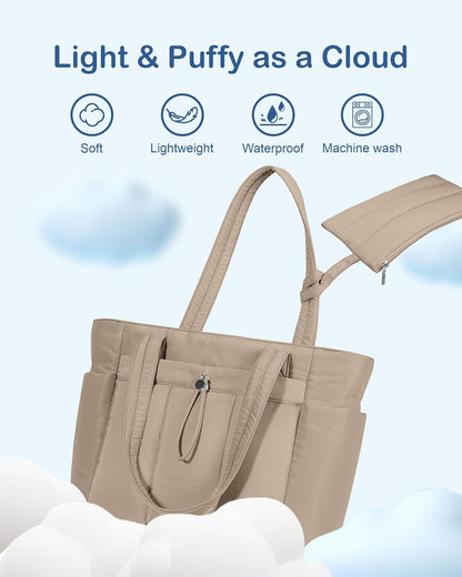 Puffy Tote Bag for Women with Cup Holder & Laptop Compartment & Cosmetic Bag & Trolley Sleeve for Work, Travel