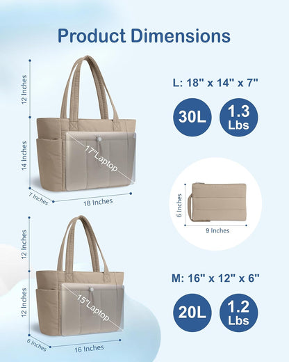 Puffy Tote Bag for Women with Cup Holder & Laptop Compartment & Cosmetic Bag & Trolley Sleeve for Work, Travel
