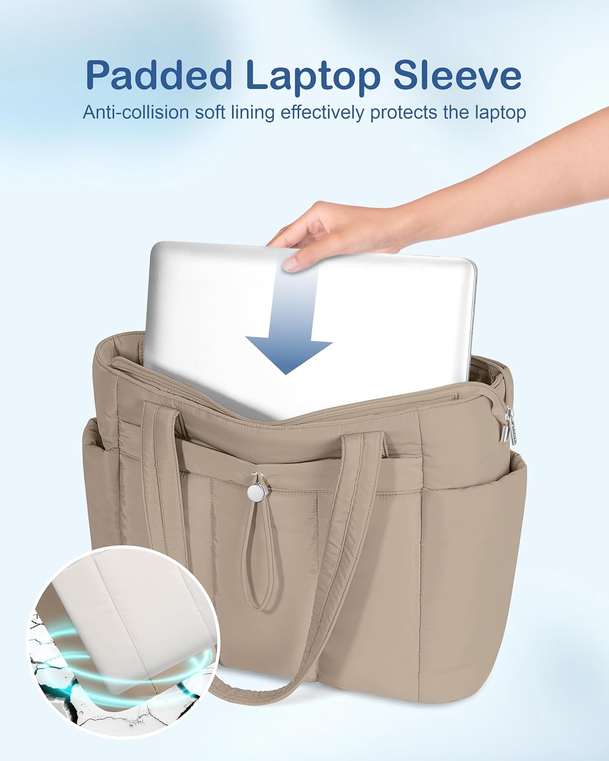 Puffy Tote Bag for Women with Cup Holder & Laptop Compartment & Cosmetic Bag & Trolley Sleeve for Work, Travel