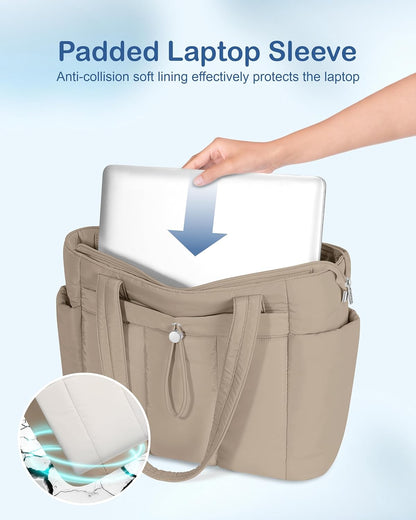 Puffy Tote Bag for Women with Cup Holder & Laptop Compartment & Cosmetic Bag & Trolley Sleeve for Work, Travel