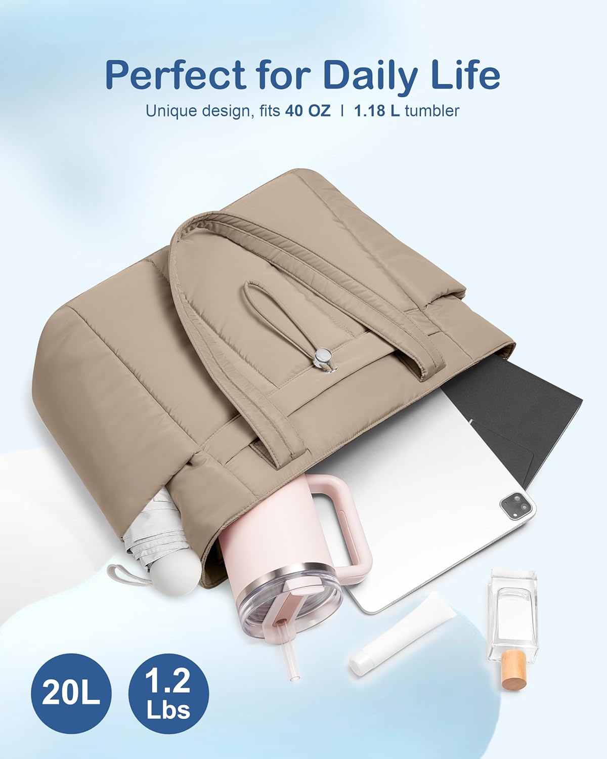 Puffy Tote Bag for Women with Cup Holder & Laptop Compartment & Cosmetic Bag & Trolley Sleeve for Work, Travel