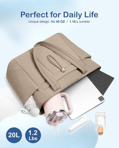 Puffy Tote Bag for Women with Cup Holder & Laptop Compartment & Cosmetic Bag & Trolley Sleeve for Work, Travel