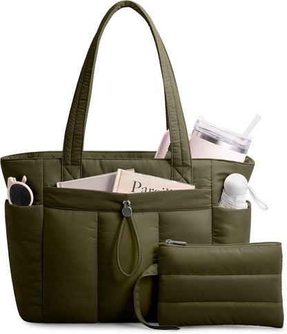 Puffy Tote Bag for Women with Cup Holder & Laptop Compartment & Cosmetic Bag & Trolley Sleeve for Work, Travel