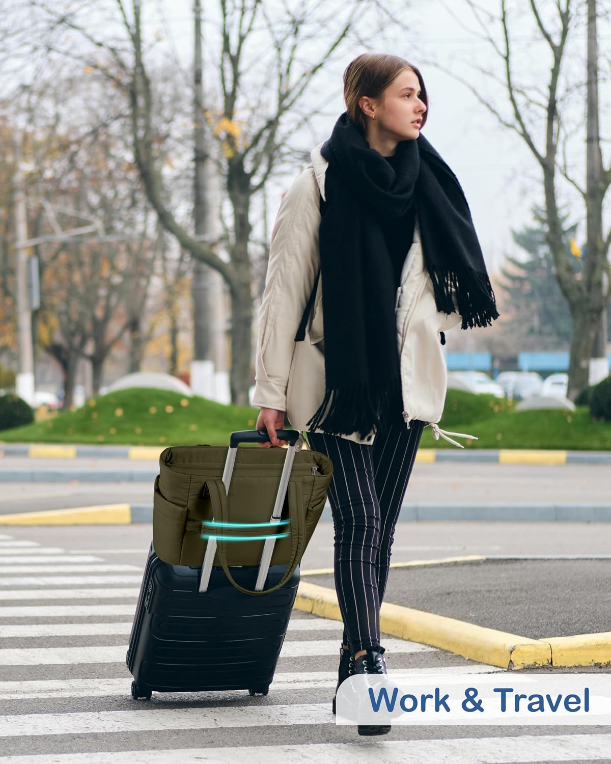 Puffy Tote Bag for Women with Cup Holder & Laptop Compartment & Cosmetic Bag & Trolley Sleeve for Work, Travel