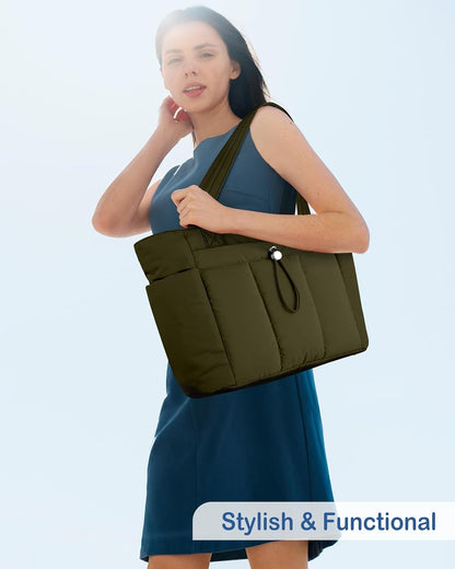 Puffy Tote Bag for Women with Cup Holder & Laptop Compartment & Cosmetic Bag & Trolley Sleeve for Work, Travel