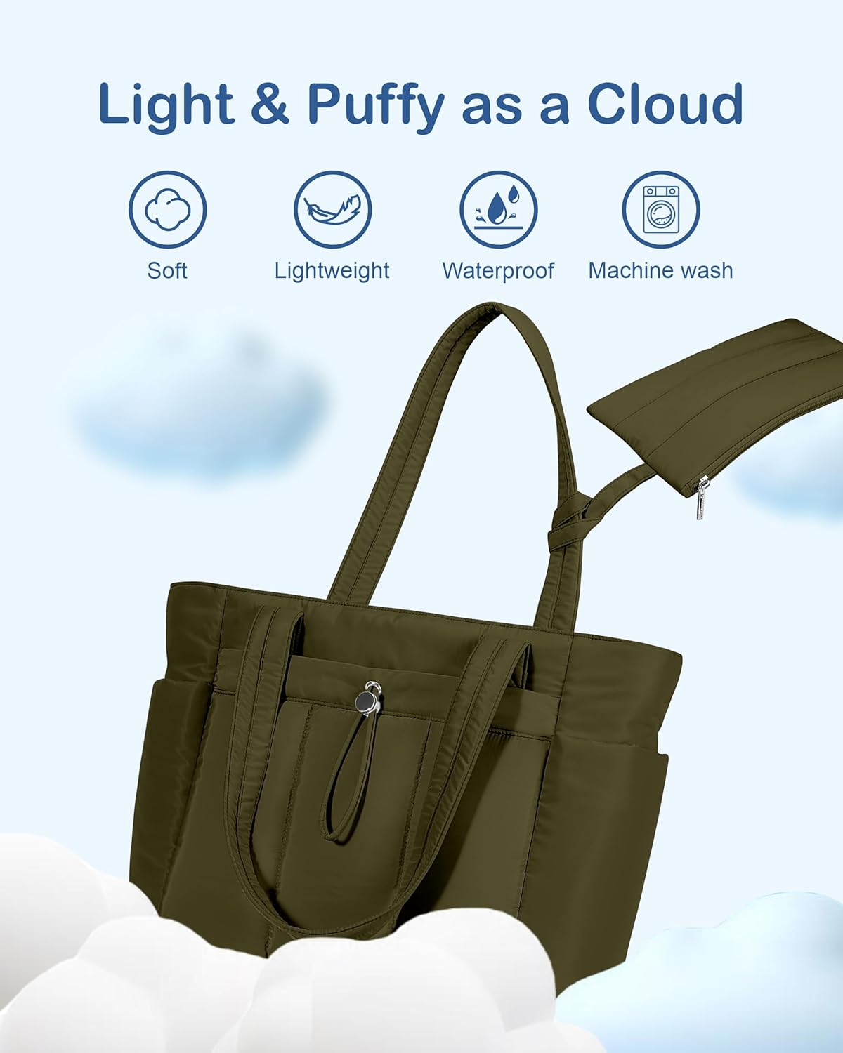 Puffy Tote Bag for Women with Cup Holder & Laptop Compartment & Cosmetic Bag & Trolley Sleeve for Work, Travel