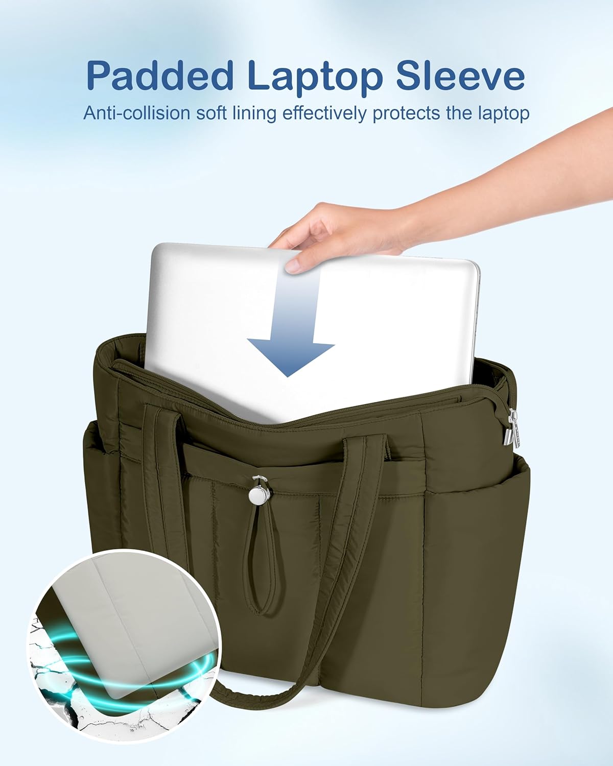 Puffy Tote Bag for Women with Cup Holder & Laptop Compartment & Cosmetic Bag & Trolley Sleeve for Work, Travel
