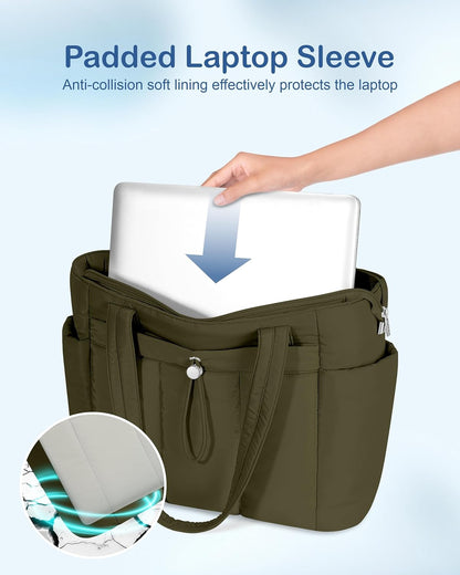Puffy Tote Bag for Women with Cup Holder & Laptop Compartment & Cosmetic Bag & Trolley Sleeve for Work, Travel