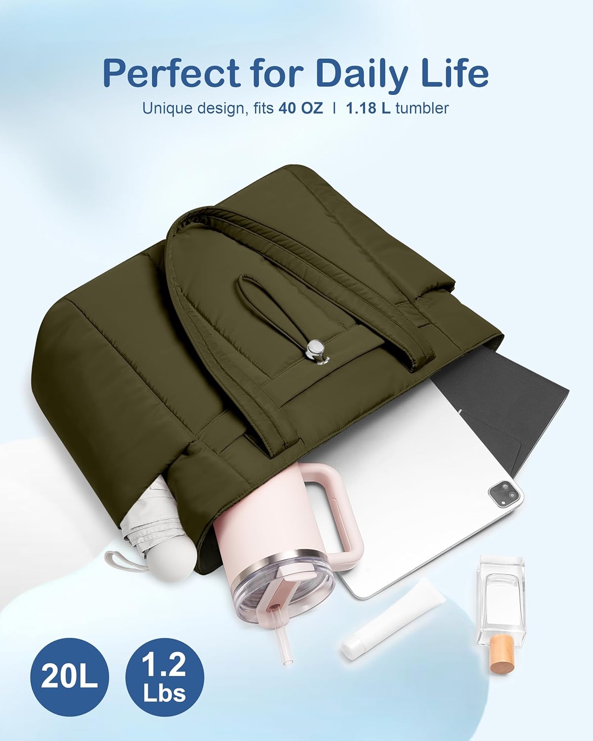 Puffy Tote Bag for Women with Cup Holder & Laptop Compartment & Cosmetic Bag & Trolley Sleeve for Work, Travel
