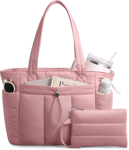Puffy Tote Bag for Women with Cup Holder & Laptop Compartment & Cosmetic Bag & Trolley Sleeve for Work, Travel