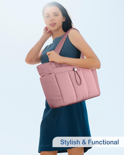 Puffy Tote Bag for Women with Cup Holder & Laptop Compartment & Cosmetic Bag & Trolley Sleeve for Work, Travel