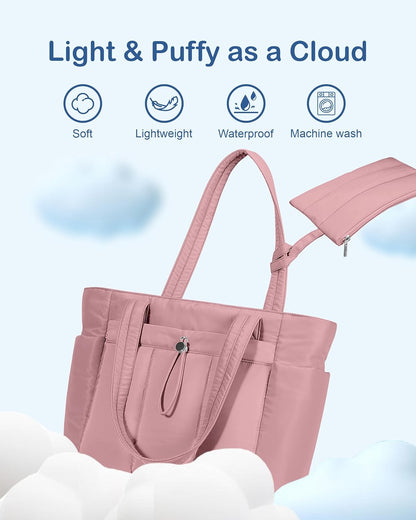 Puffy Tote Bag for Women with Cup Holder & Laptop Compartment & Cosmetic Bag & Trolley Sleeve for Work, Travel