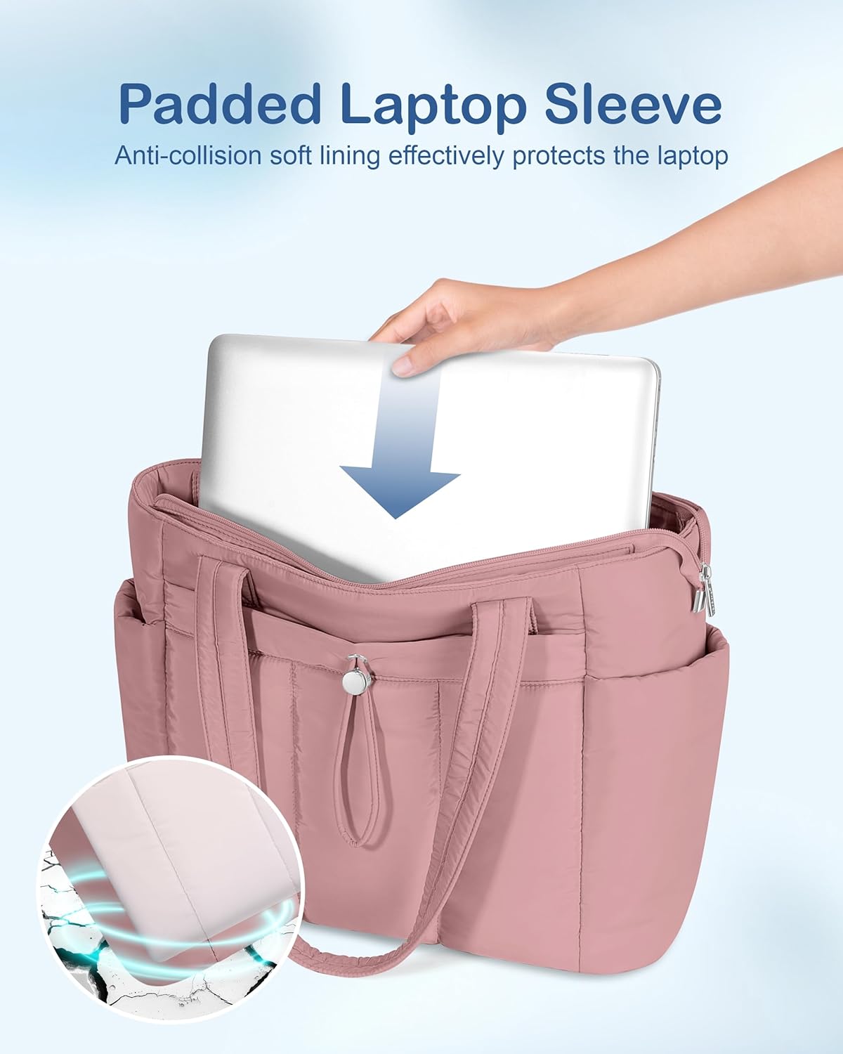 Puffy Tote Bag for Women with Cup Holder & Laptop Compartment & Cosmetic Bag & Trolley Sleeve for Work, Travel