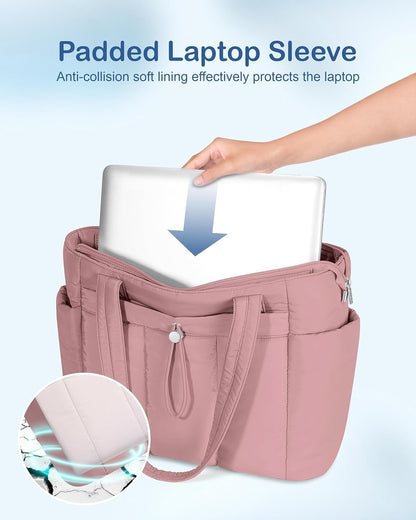 Puffy Tote Bag for Women with Cup Holder & Laptop Compartment & Cosmetic Bag & Trolley Sleeve for Work, Travel