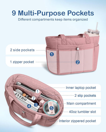 Puffy Tote Bag for Women with Cup Holder & Laptop Compartment & Cosmetic Bag & Trolley Sleeve for Work, Travel