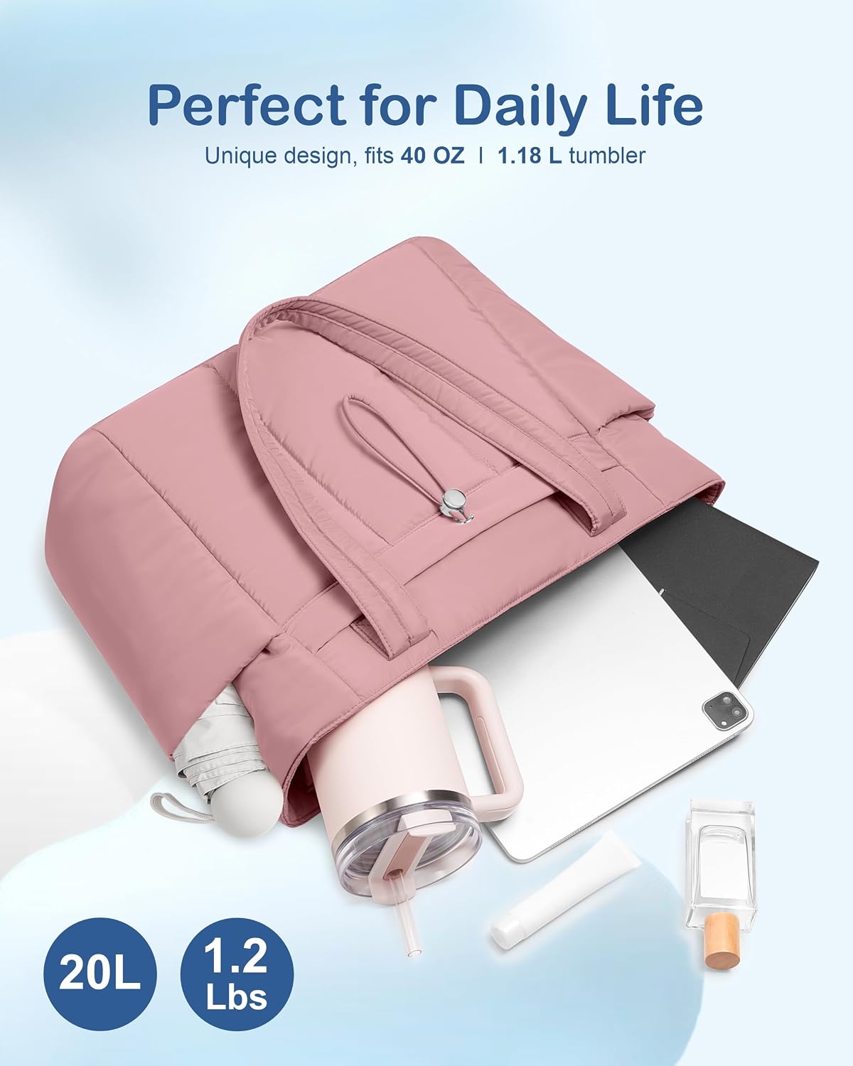 Puffy Tote Bag for Women with Cup Holder & Laptop Compartment & Cosmetic Bag & Trolley Sleeve for Work, Travel