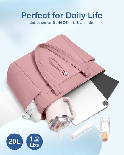Puffy Tote Bag for Women with Cup Holder & Laptop Compartment & Cosmetic Bag & Trolley Sleeve for Work, Travel