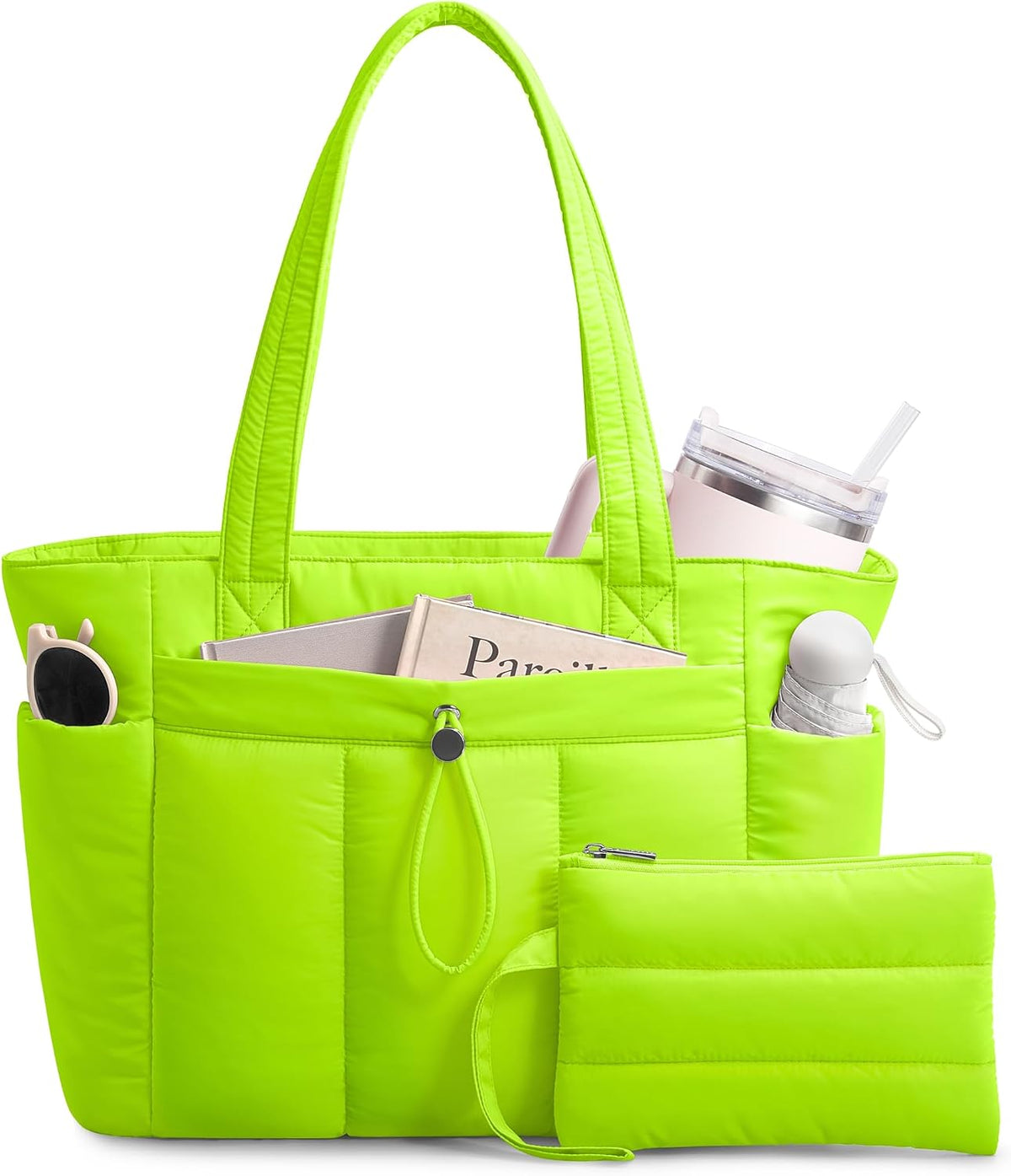 Puffy Tote Bag for Women with Cup Holder & Laptop Compartment & Cosmetic Bag & Trolley Sleeve for Work, Travel