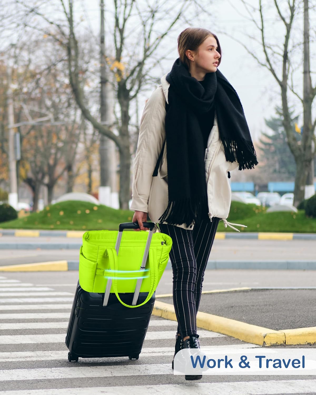 Puffy Tote Bag for Women with Cup Holder & Laptop Compartment & Cosmetic Bag & Trolley Sleeve for Work, Travel