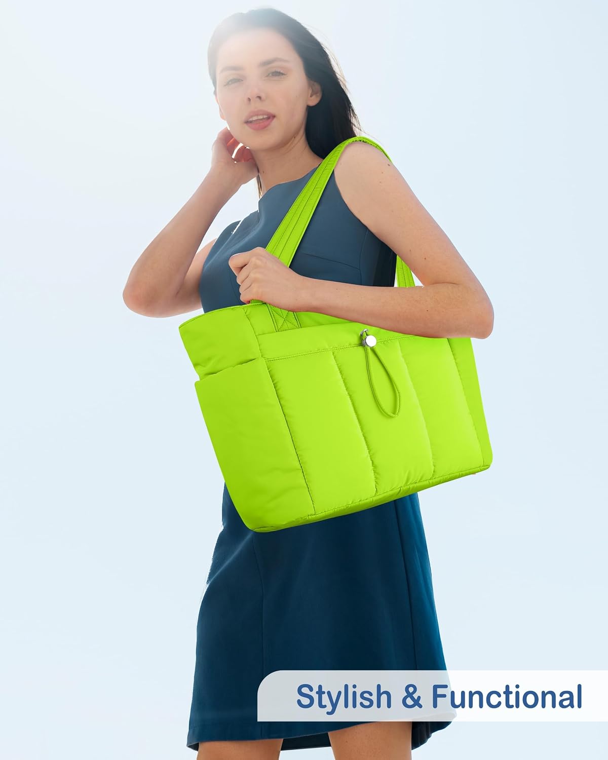 Puffy Tote Bag for Women with Cup Holder & Laptop Compartment & Cosmetic Bag & Trolley Sleeve for Work, Travel