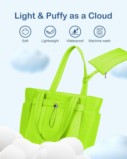 Puffy Tote Bag for Women with Cup Holder & Laptop Compartment & Cosmetic Bag & Trolley Sleeve for Work, Travel