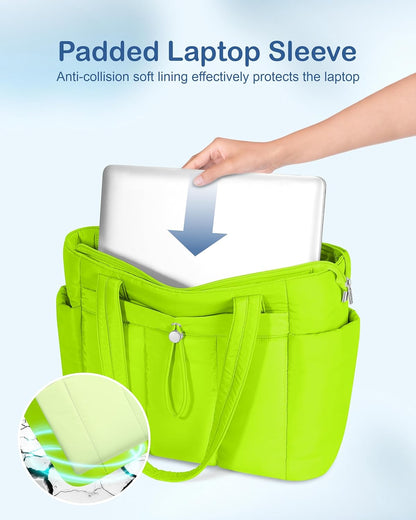Puffy Tote Bag for Women with Cup Holder & Laptop Compartment & Cosmetic Bag & Trolley Sleeve for Work, Travel