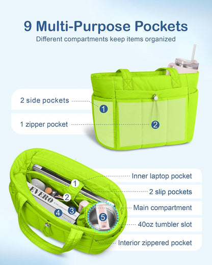 Puffy Tote Bag for Women with Cup Holder & Laptop Compartment & Cosmetic Bag & Trolley Sleeve for Work, Travel