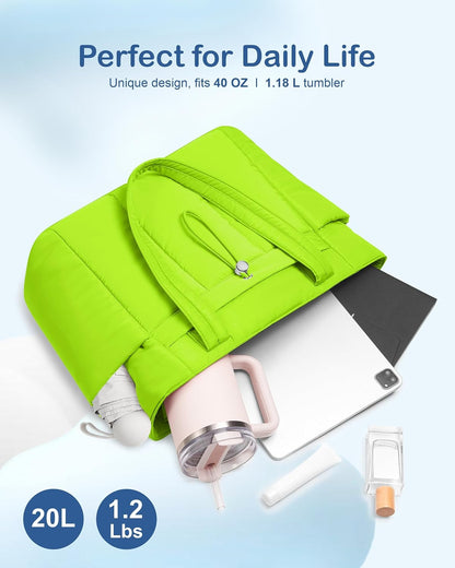 Puffy Tote Bag for Women with Cup Holder & Laptop Compartment & Cosmetic Bag & Trolley Sleeve for Work, Travel