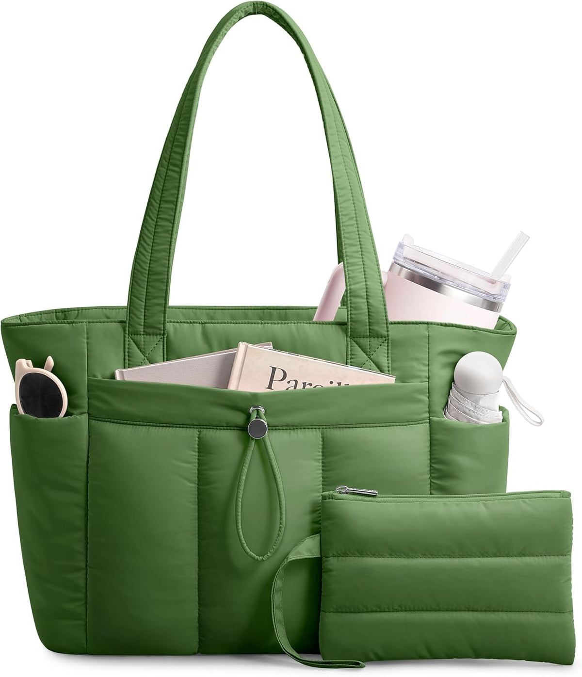 Puffy Tote Bag for Women with Cup Holder & Laptop Compartment & Cosmetic Bag & Trolley Sleeve for Work, Travel