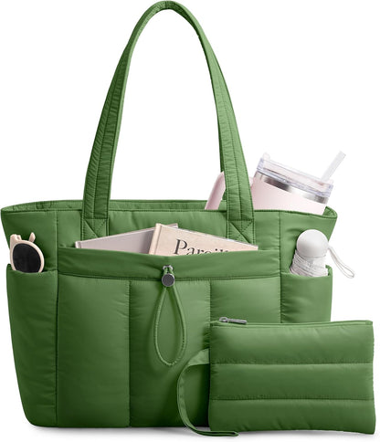 Puffy Tote Bag for Women with Cup Holder & Laptop Compartment & Cosmetic Bag & Trolley Sleeve for Work, Travel