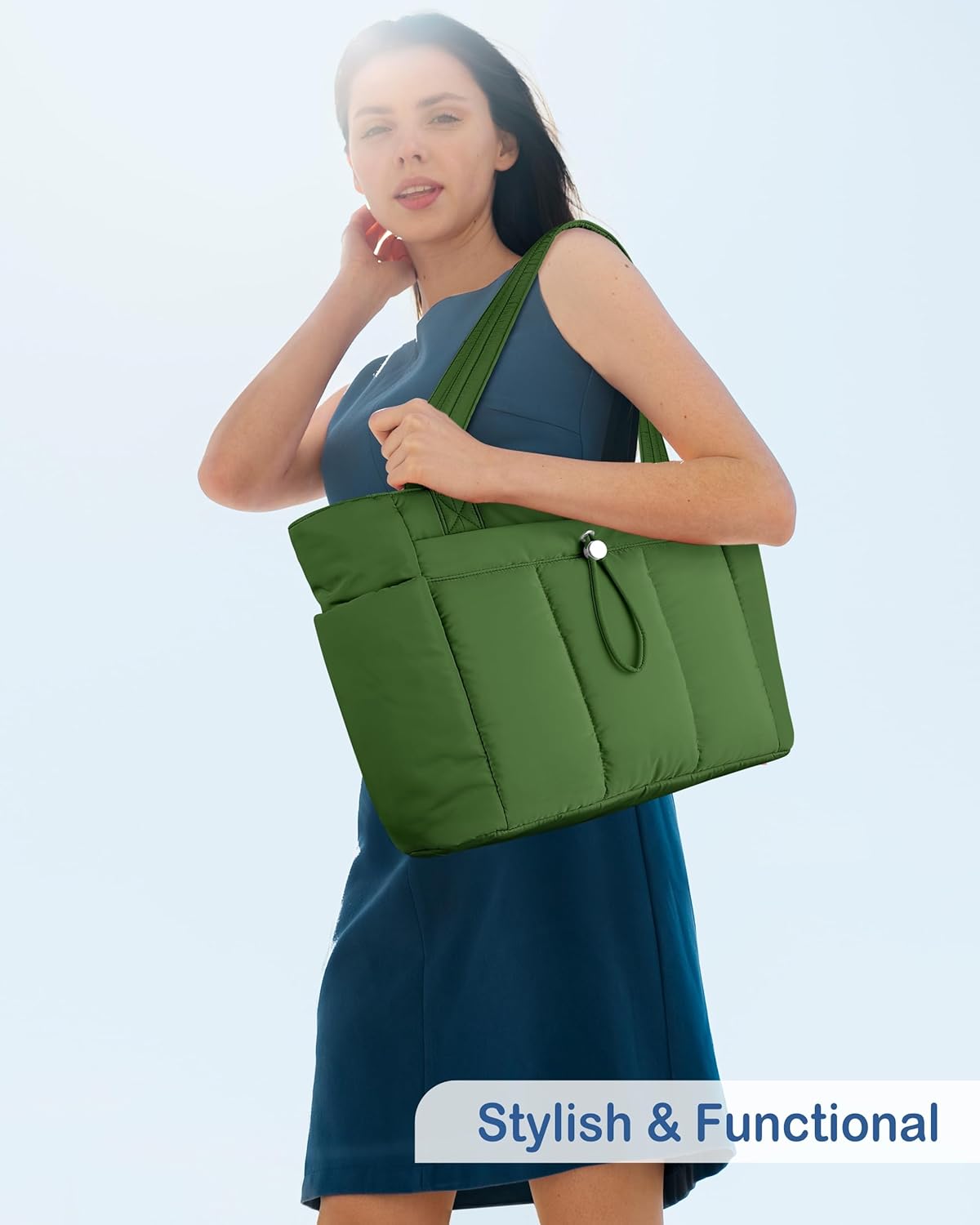 Puffy Tote Bag for Women with Cup Holder & Laptop Compartment & Cosmetic Bag & Trolley Sleeve for Work, Travel