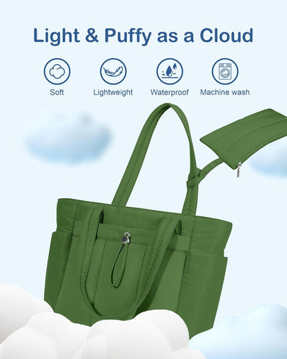 Puffy Tote Bag for Women with Cup Holder & Laptop Compartment & Cosmetic Bag & Trolley Sleeve for Work, Travel