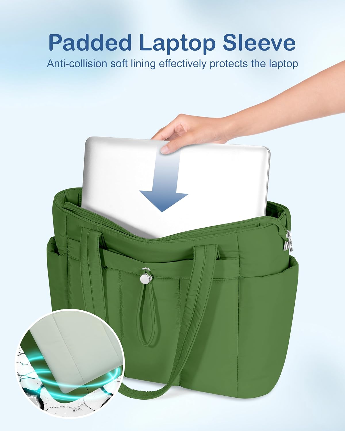 Puffy Tote Bag for Women with Cup Holder & Laptop Compartment & Cosmetic Bag & Trolley Sleeve for Work, Travel