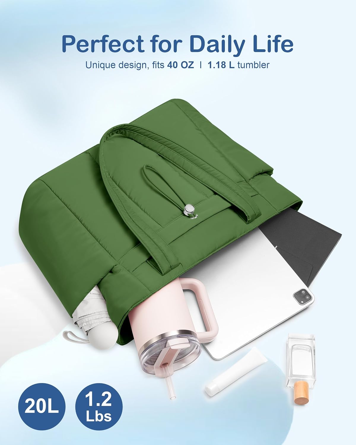 Puffy Tote Bag for Women with Cup Holder & Laptop Compartment & Cosmetic Bag & Trolley Sleeve for Work, Travel