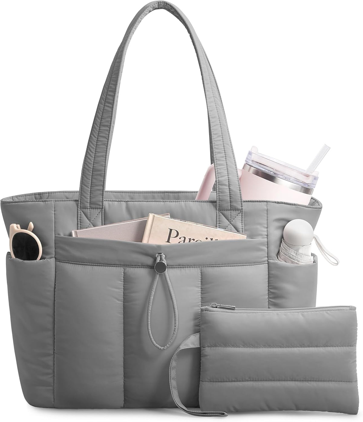 Puffy Tote Bag for Women with Cup Holder & Laptop Compartment & Cosmetic Bag & Trolley Sleeve for Work, Travel
