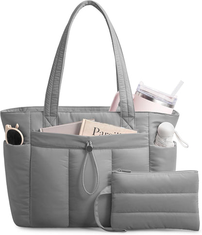 Puffy Tote Bag for Women with Cup Holder & Laptop Compartment & Cosmetic Bag & Trolley Sleeve for Work, Travel